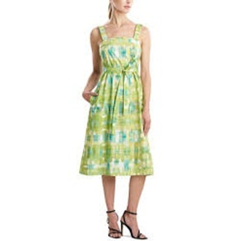 Natori Womens Dress S Green Abstract Belted Cotton Midi Pockets